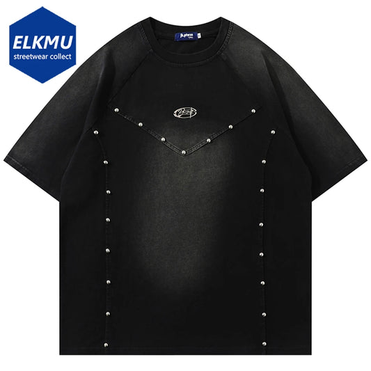 Punk Rivet T Shirts Patchwork Tee Tops 2024 Men Vintage Oversized Harajuku Hip Hop Streetwear T-shirt Casual Loose Cotton Tshirt