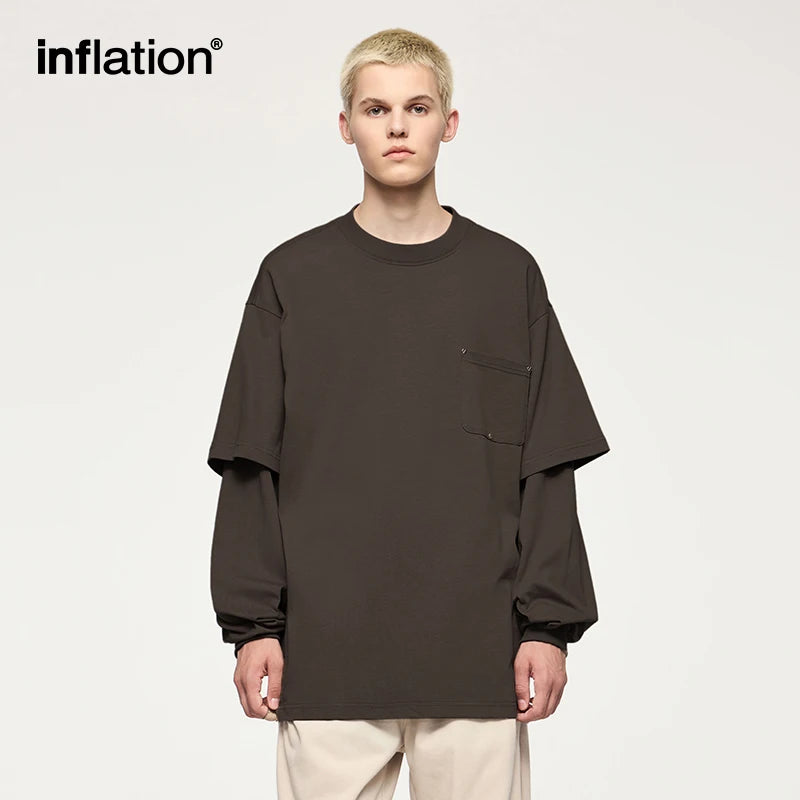 INFLATION Fake Two-Piece Long-Sleeve Tees for Unisex Minimalist Oversized Tshirts With Pocket