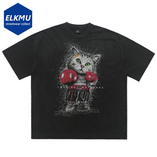 Funny Cats T Shirts Men's Streetwear Harajuku Hip Hop Oversized T-shirt Loose Casual Vintage Tee Tops