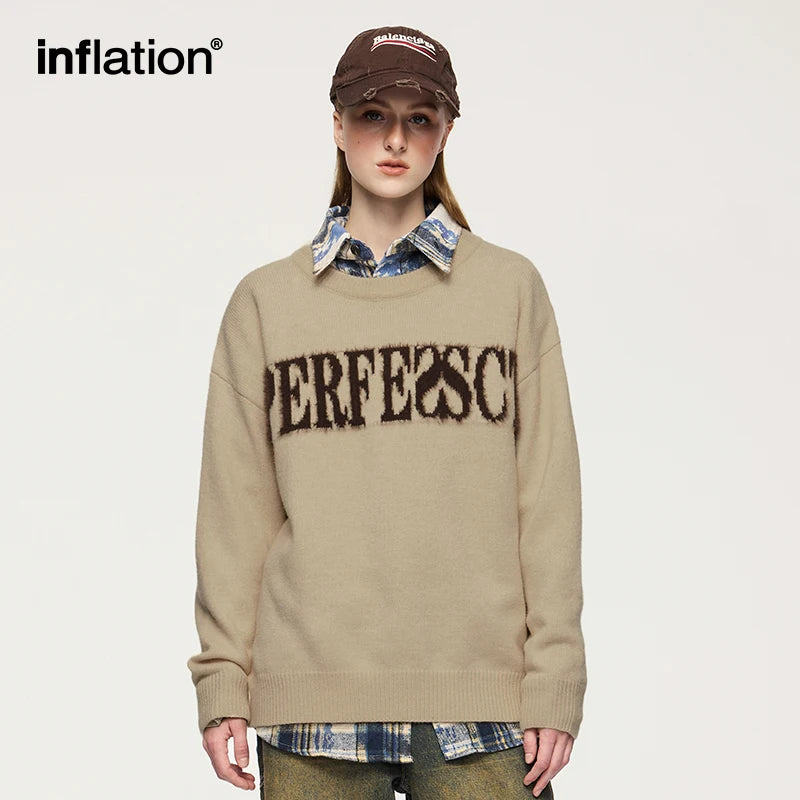 INFLATION Unisex American Letter Jacquard Sweater Pullover Trendy Streetwear Loose Knitted Sweater