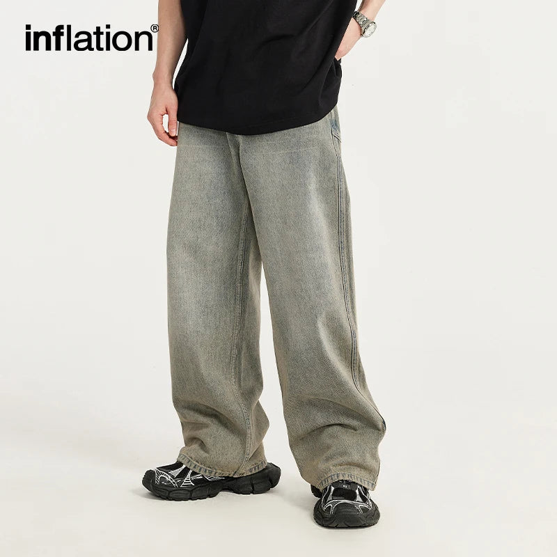 INFLATION Streetwear Oversized Irregular Stitching Jeans Men Washed Wide Leg Denim Pants Trousers