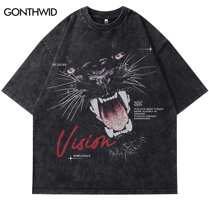 Vintage Black T-Shirt Streetwear Hip Hop Leopard Grapihc Print Washed Tshirt 2024 Harajuku Men Punk Gothic Loose Shirts Top Tees