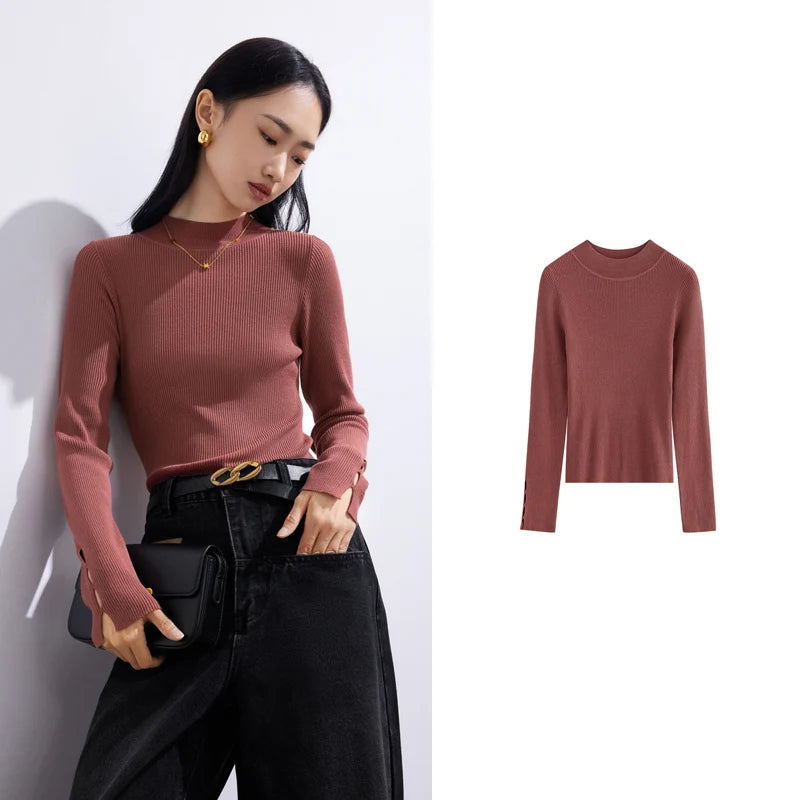 Toyouth Women Knitted Bottom Tees 2023 Autumn Long Sleeves Half High Collar O Neck V Neck Slim Solid Color Versatile Knitwear