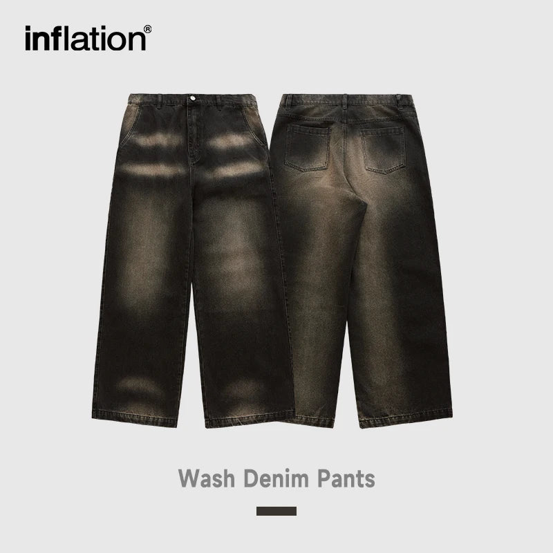 INFLATION High Street Wide-leg Jeans Men Trendy Classic Washed Black Denim Trousers