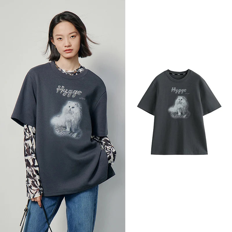 TOYOUTH Tee Shirt 2024 Spring Women Animal Printed Short Sleeve Loose Casual Tee Tops