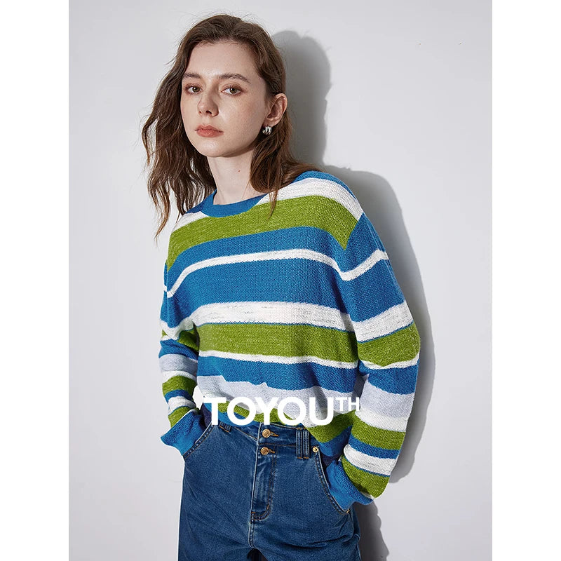 TOYOUTH Womens Knitted Sweater 2024 Autumn Winter New Striped Round Neck Simple Pullover Sweater