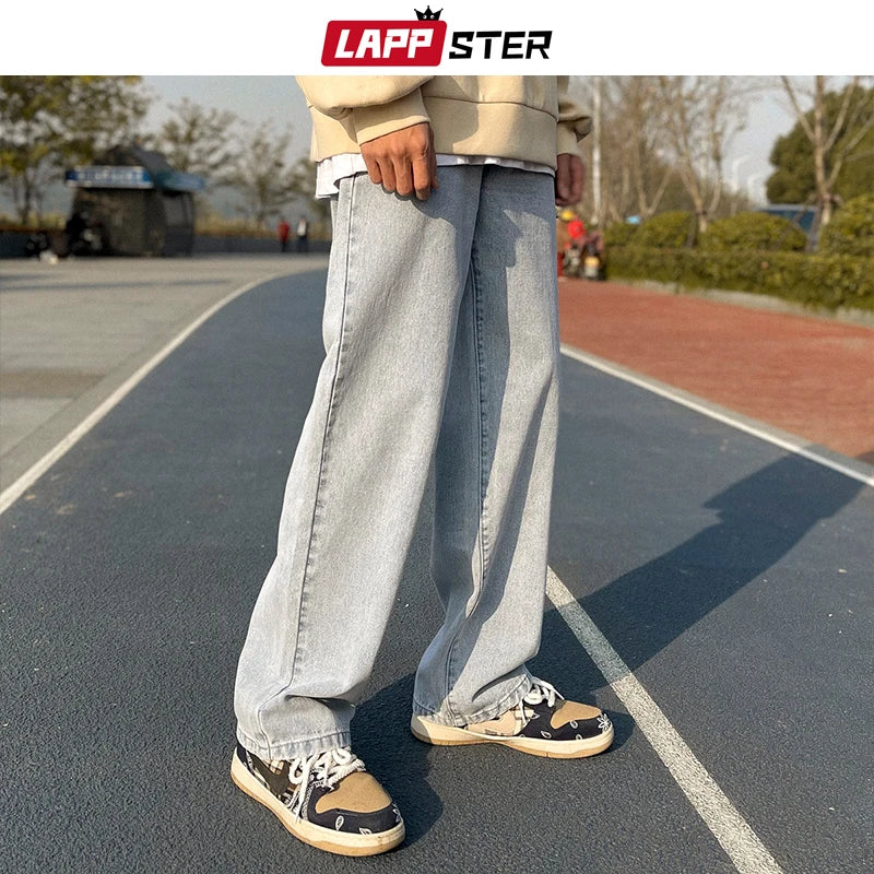 LAPPSTER Men Solid Streetwear Jeans Pants 2023 Mens Baggy Wide Leg Denim Trousers Male Black Korean Fashion Joggers Sweatpants