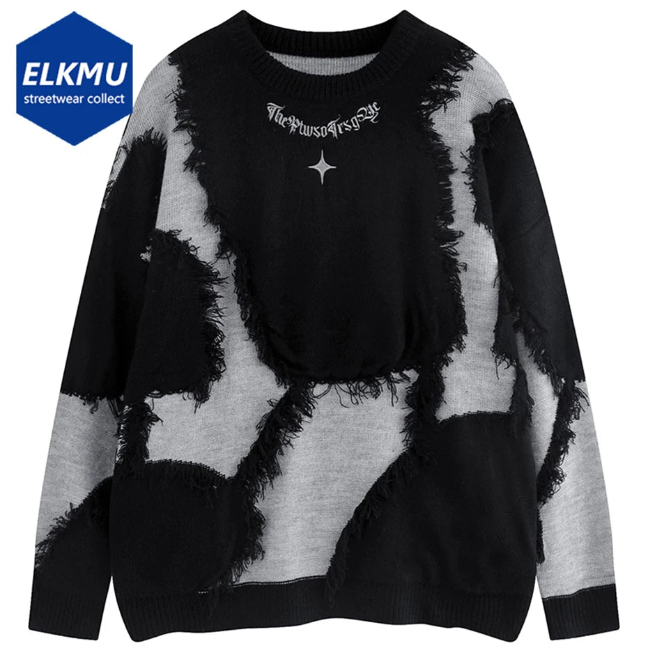 Streetwear Hip Hop Men Sweater Broken Patchwork Oversized Harajuku Y2K Sweater Loose Knit Jumper Pullovers 2024