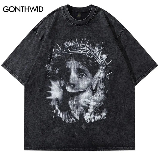 Vintage T Shirt Streetwear Hip Hop Jesus Print Washed Oversized Tshirt Harajuku Punk Gothic Cotton Casual Short Sleeve Tee Tops