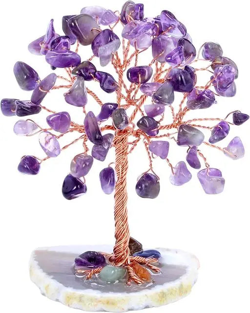 Super Mini Crystal Money Tree Copper Wire Wrapped W/ Agate Slice Base Healing Gemstone Yoga Feng Shui Trees Home Crystal Decor