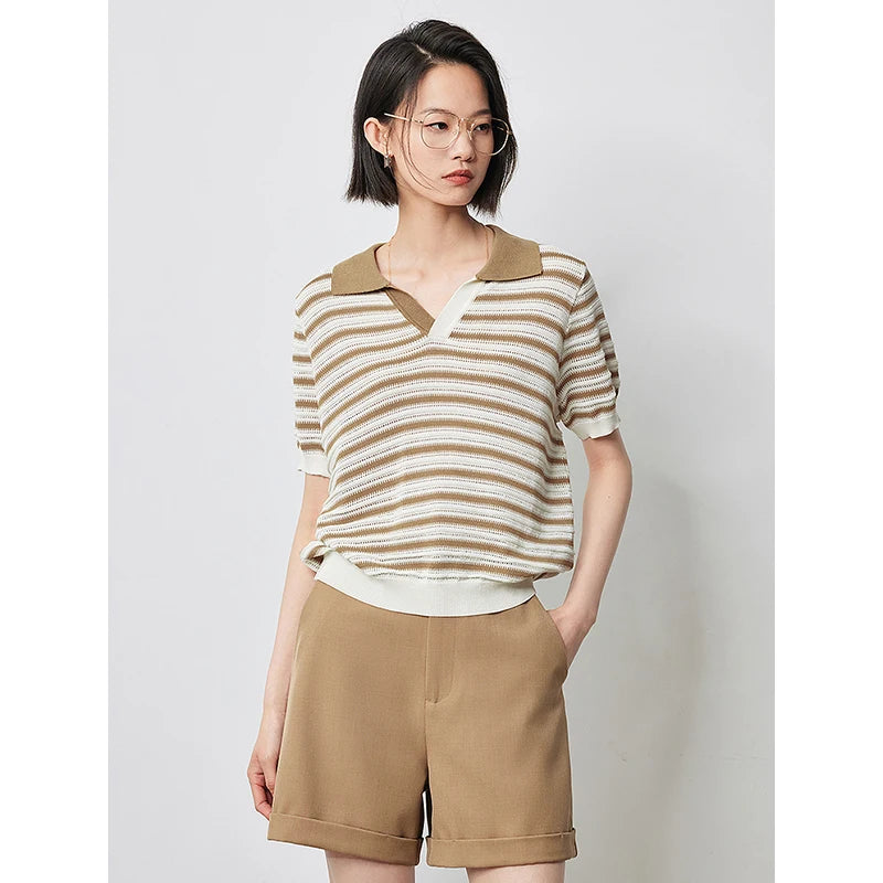 TOYOUTH Women Knitwear 2024 Summer New Striped Polo Collar Hollow Out Casual Short Sleeved Tops for Women