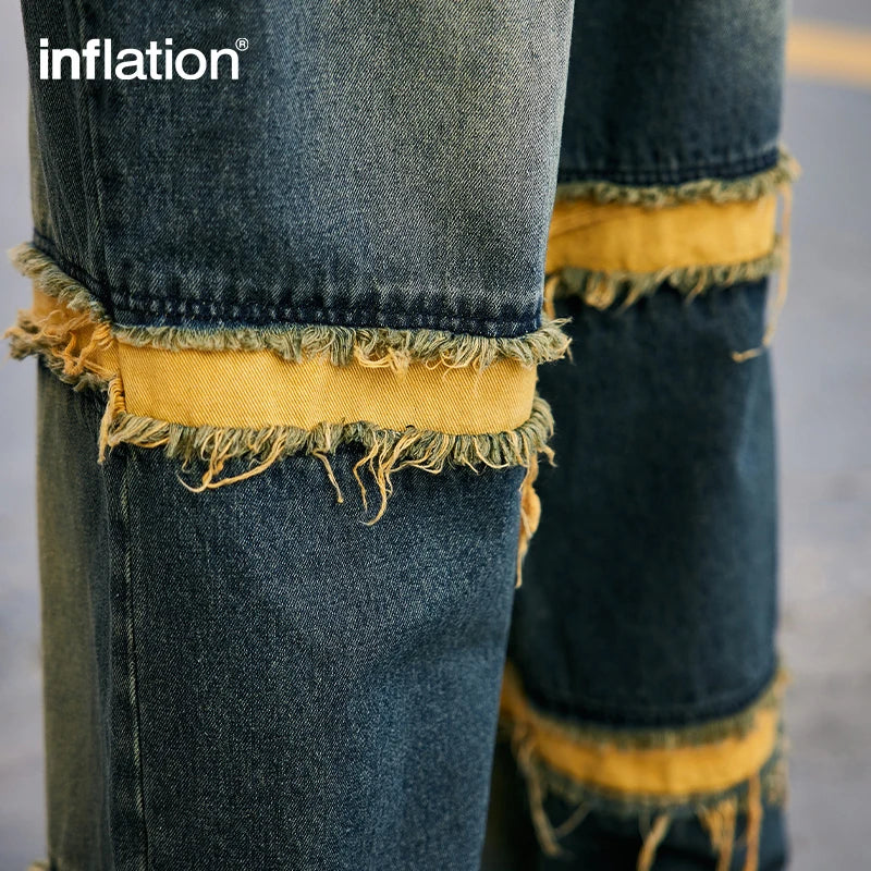 INFLATION Washed Distressed Fringe Jeans Men Straight Leg Ripped Denim Trousers