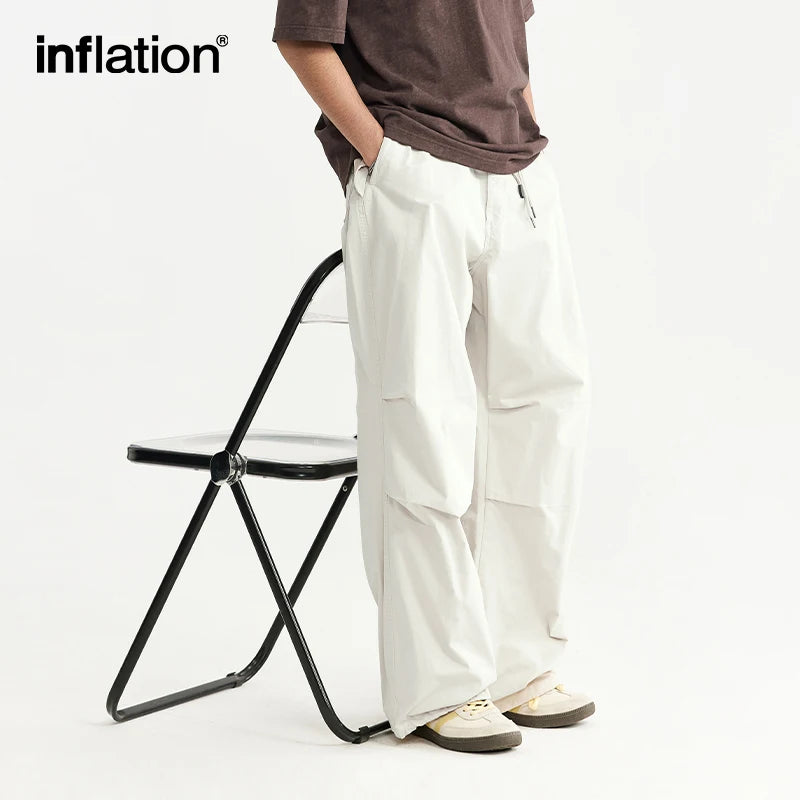 INFLATION Baggy Parachute Pants Streetwear Mens Elastic Waist Washed Cargo Pants Male 100% Cotton Trousers