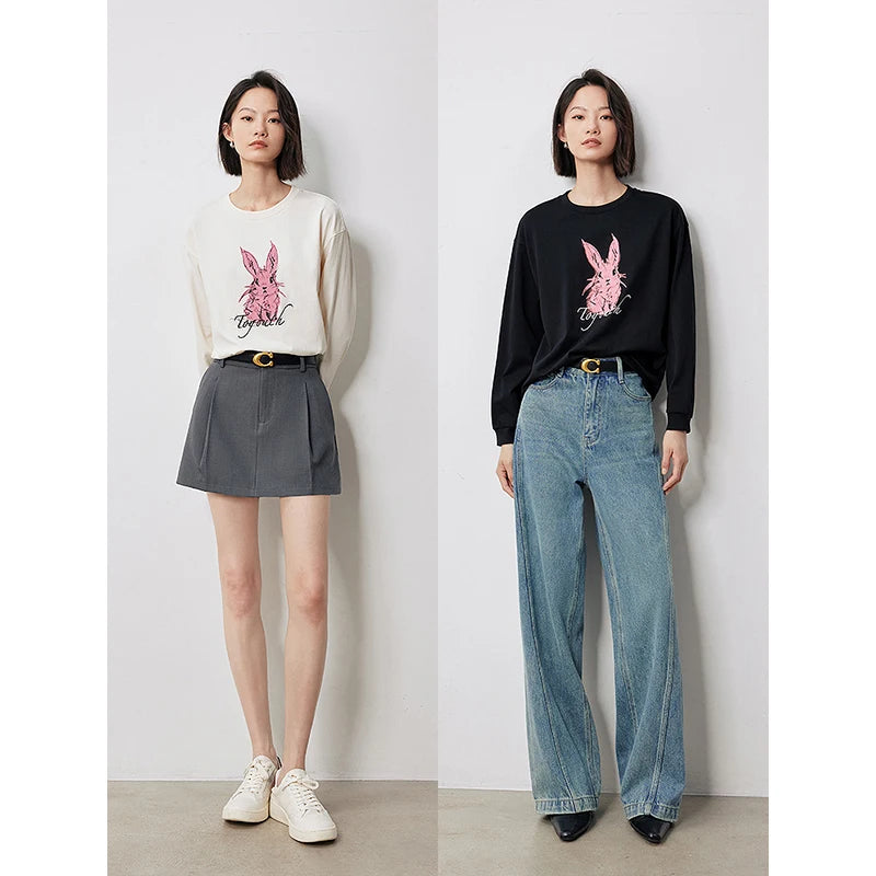 TOYOUTH Women Long Sleeve T-shirt 2024 Autumn New Rabbit Printed Pullover White Tops