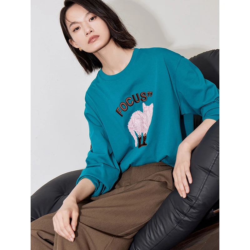 TOYOUTH Women T-shirt 2024 Autumn New Heavy Industry Cat Pattern Patchwork Embroidery Long Sleeve Round Neck Pullover Tops