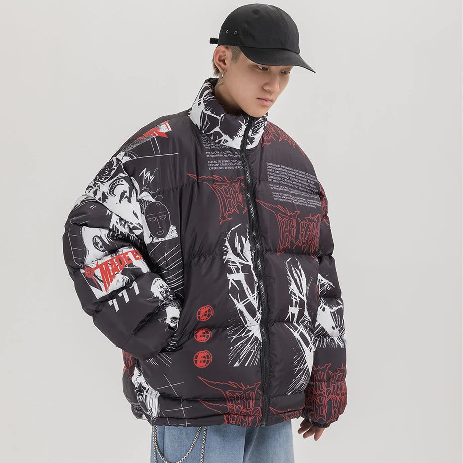 Streetwear Anime Printed Jacket Men Hip Hop Winter Parkas Coat Black Loose Puffer Padded Jackets  Y2K Oversized Bubble Coats Man