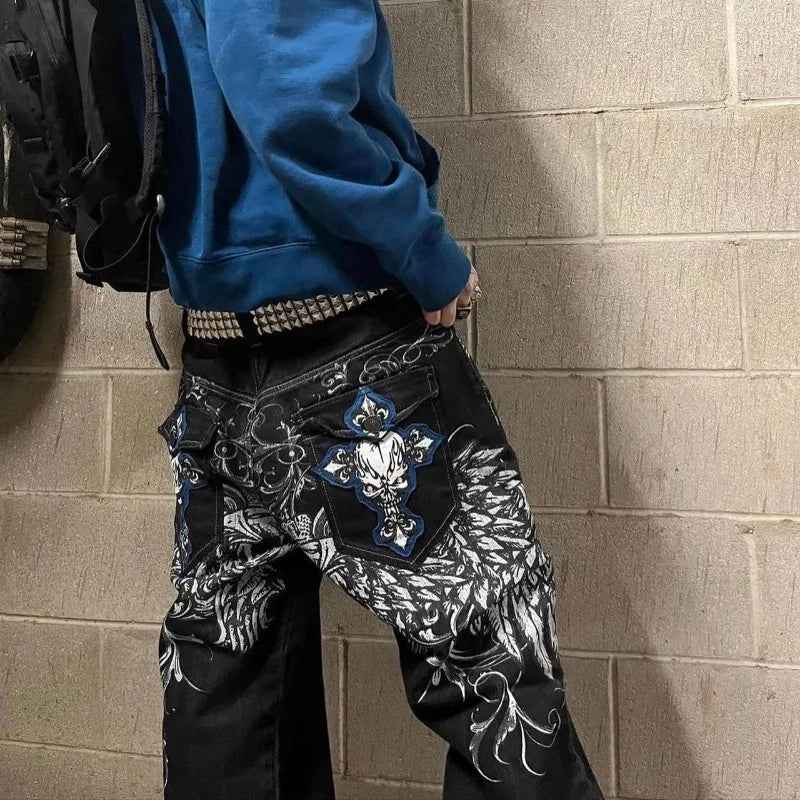 Skull geometric gothic pattern popular street high-waisted jeans men 2000s American vintage hip-hop fashion straight baggy pants