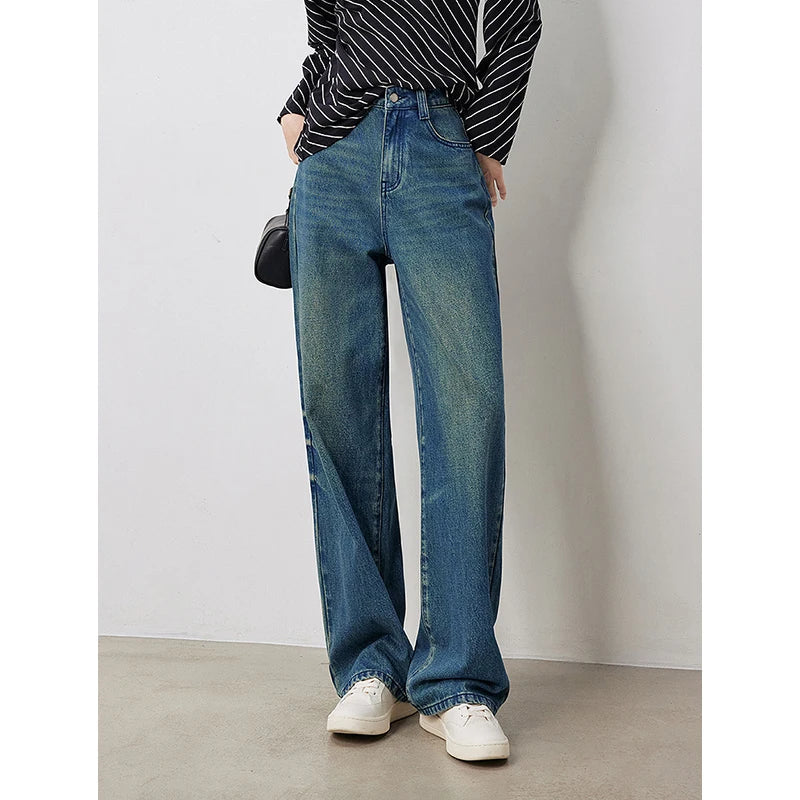 TOYOUTH Women Denim Jeans 2024 Autumn New Yapi Street Wear Stone Wash Wide Leg Straight Fashion Long Pants