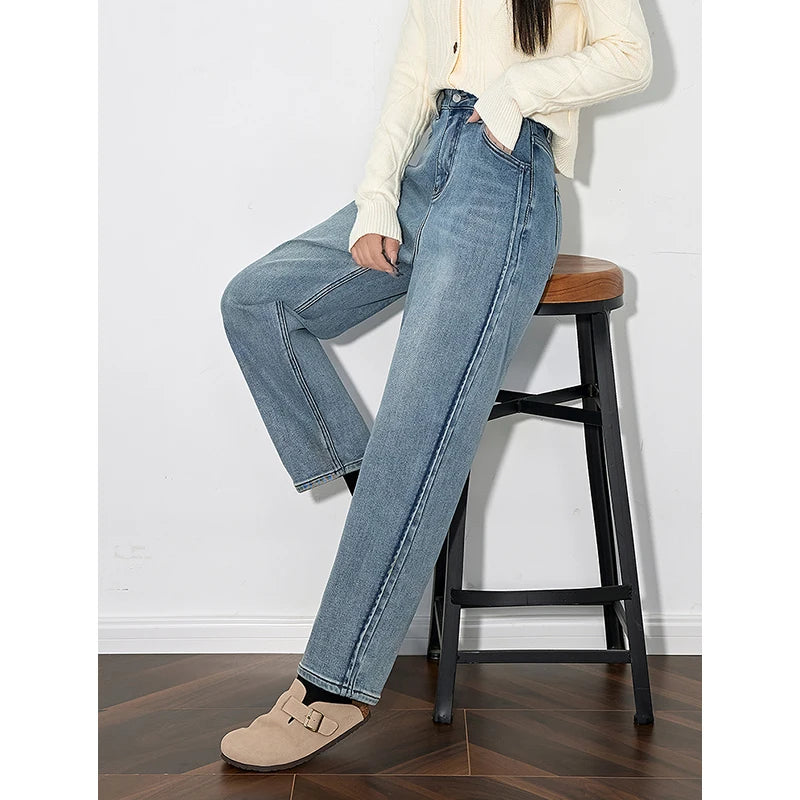 TOYOUTH Women Fleece Denim Jeans 2024 Autumn and Winter New Streetwear Style Straight Wide Leg Light Blue Banana Pants