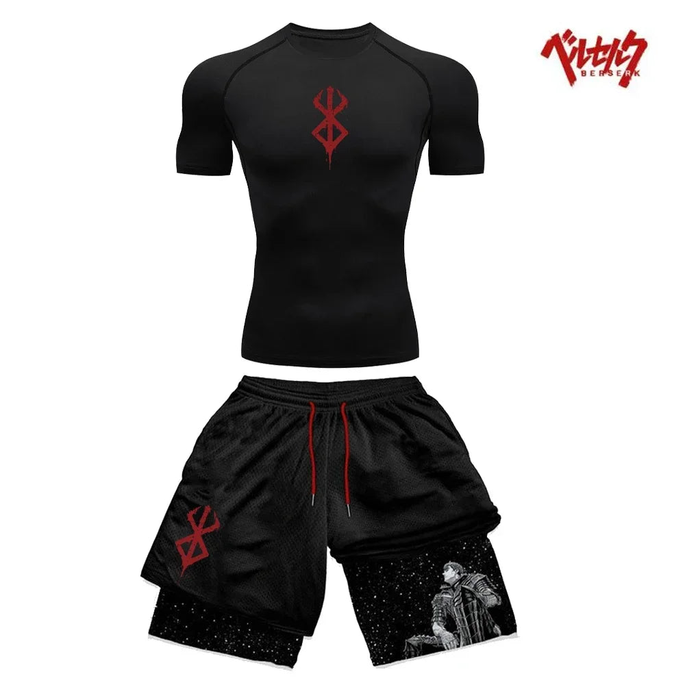 Anime Berserk Compression Set Fitness Suit for Men Quick Dry Compression Shirt+Gym Shorts Running Workout Summer Sportswear