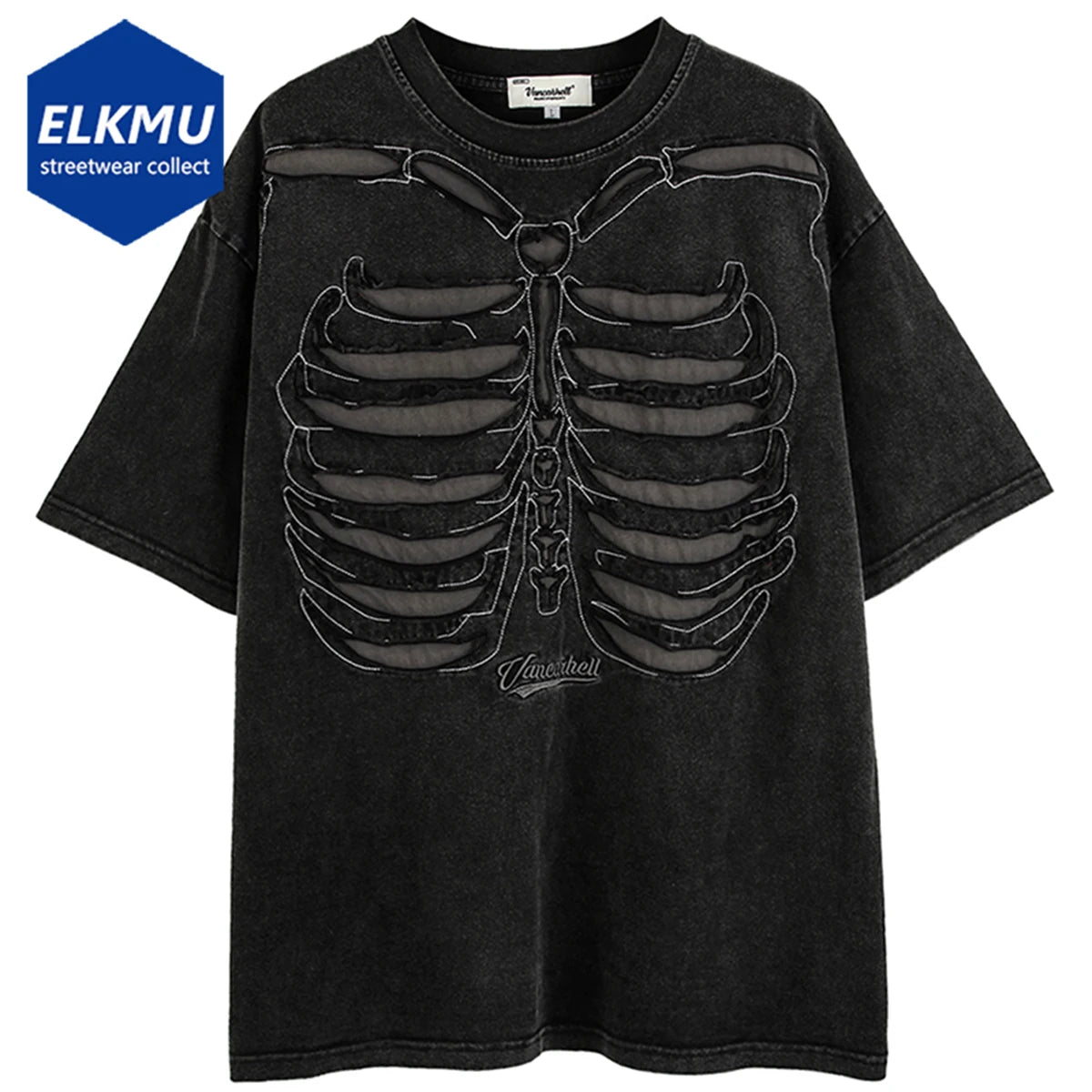 Skeleton Ripped Punk T Shirts Men Harajuku Streetwear Hip Hop T-shirts 2023 Summer Cotton Loose Y2K Tee Shirt Tops Black