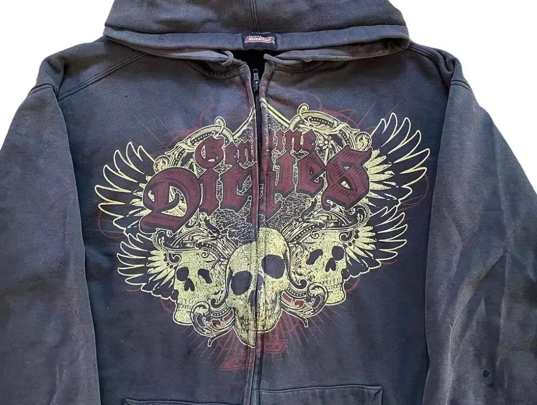 Gothic fashion skull print zipper hoodies for men 2023 autumn and winter hip-hop long-sleeved casual versatile baggy sweatshirts