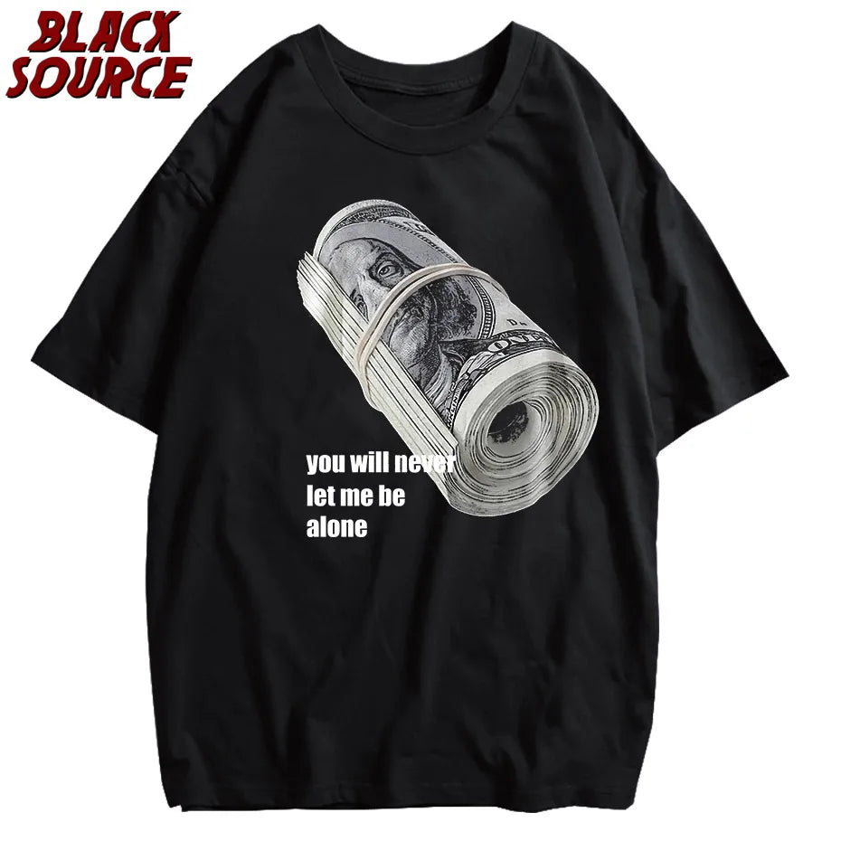 Vintage Tshirt Men Streetwear Hip Hop Bundle of Banknotes Print Distressed T-Shirt 2022 Harajuku Summer Cotton Washed Tshirt