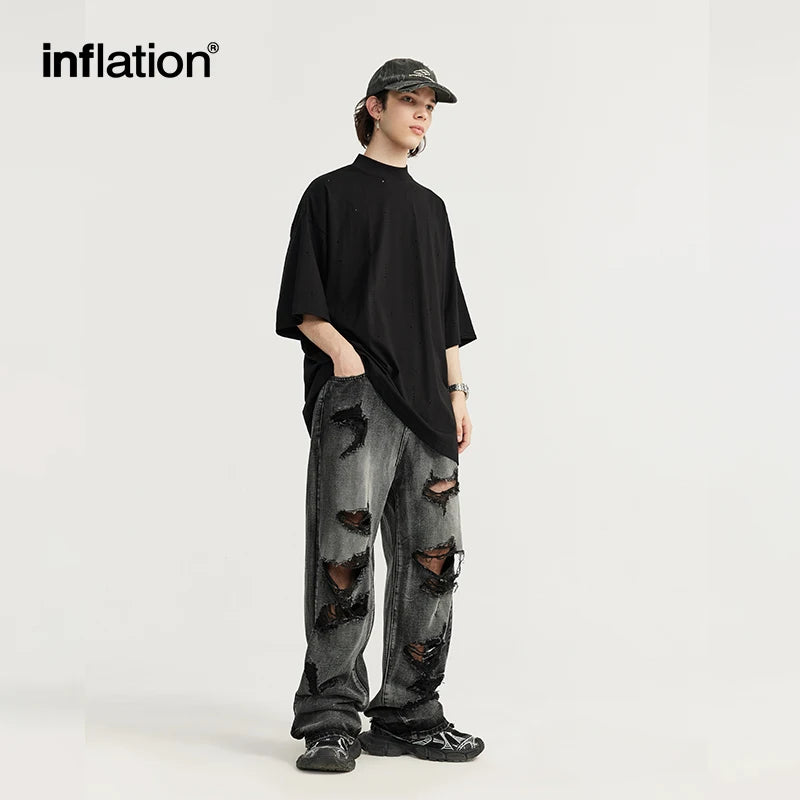 INFLATION Washed Ripped Distressed Jeans Men Streetwear Hip Hop Holes Denim Pants