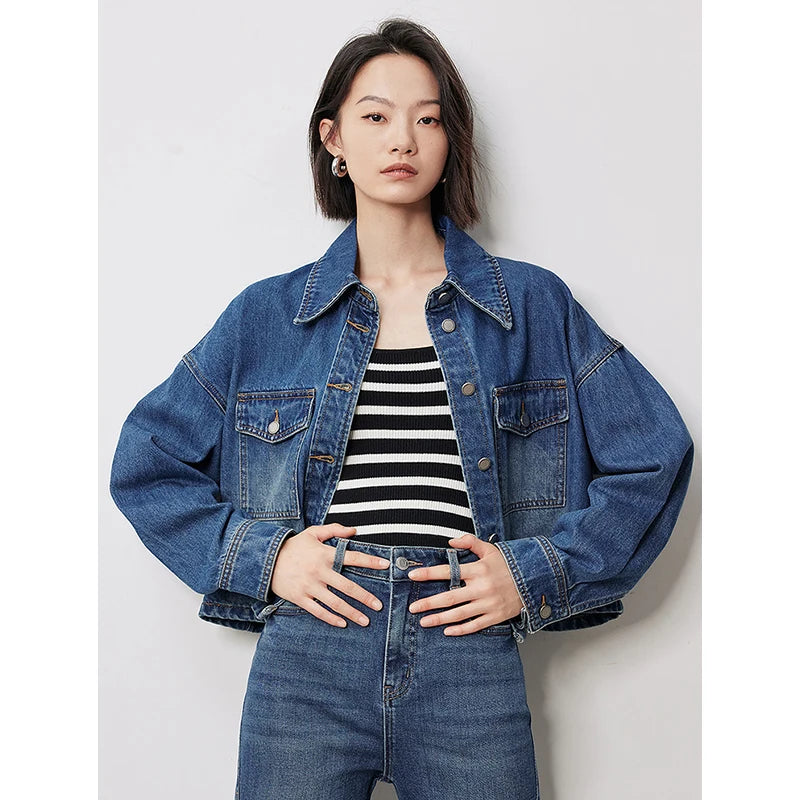 TOYOUTH Women Denim Jacket 2024 Autumn New Turn Down Collar Single Breasted Button Short Jacket