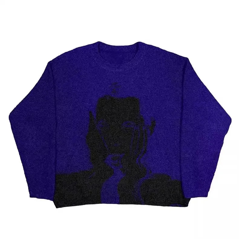 Y2k Portrait Sweater Men Vintage Knit Pullover Jumpers Gothic Winter Spooky Halloween Wool Knitwear Women Ugly Christmas Sweater