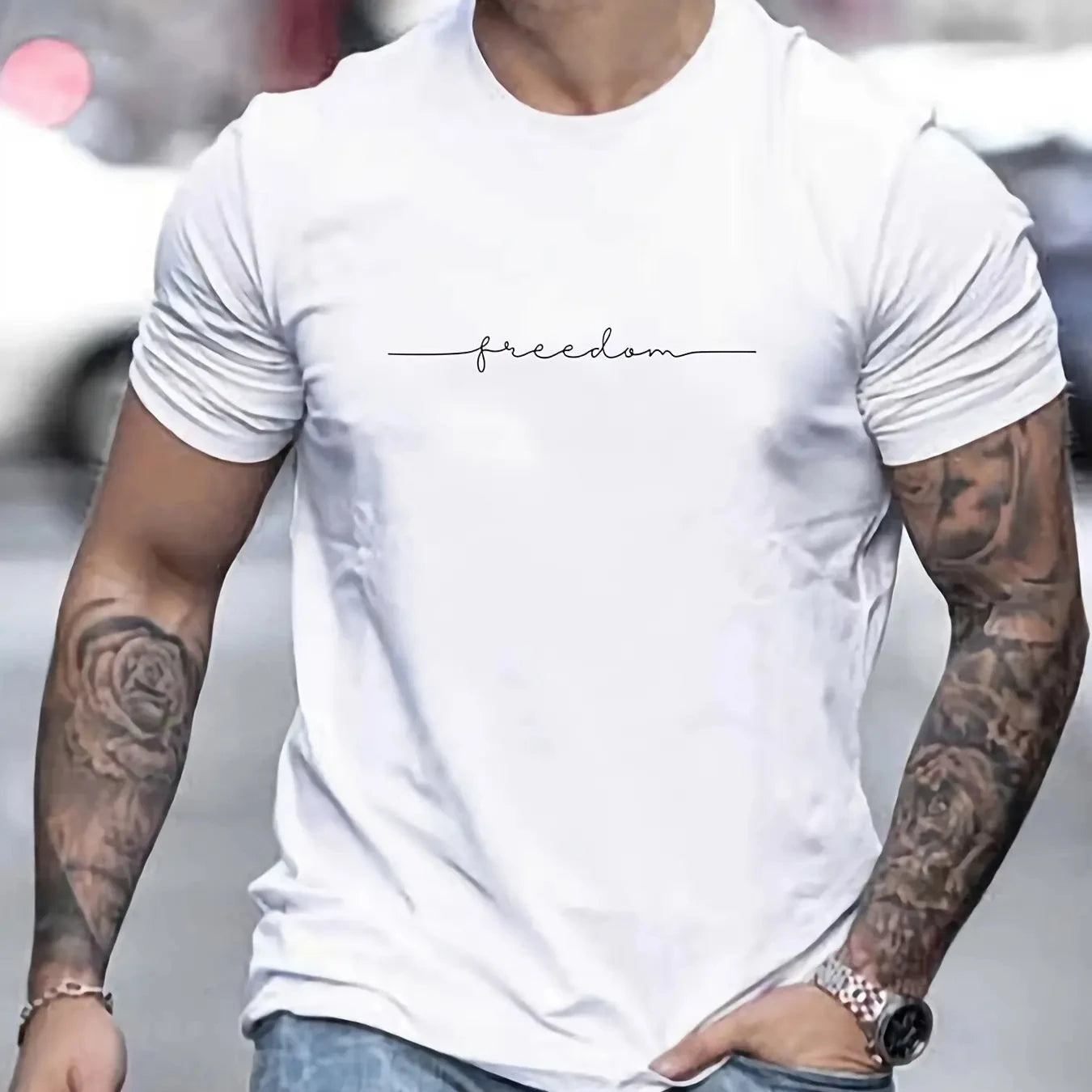 Men's Summer Loose Size 100% Cotton Freedom Graphi Print Casual Slim Fit Round Neck Short Sleeve T-shirt Top 42303