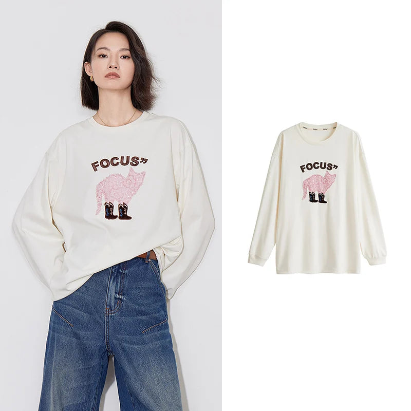 TOYOUTH Women T-shirt 2024 Autumn New Heavy Industry Cat Pattern Patchwork Embroidery Long Sleeve Round Neck Pullover Tops