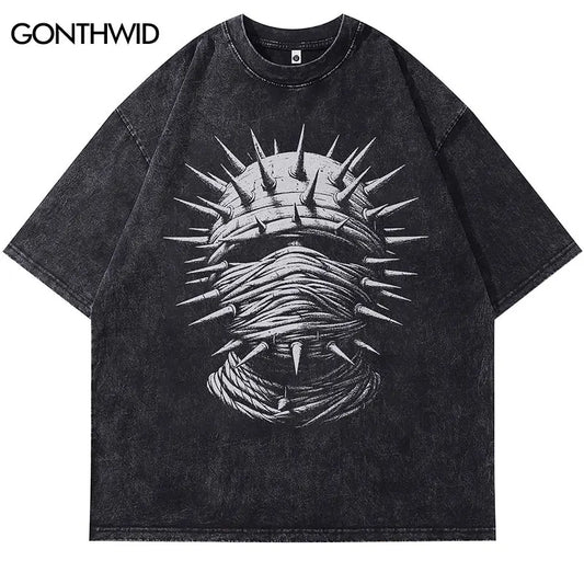 Vintage Black T-Shirt Chain Mask Graphic Print Punk Gothic Washed Tshirt Streetwear Men Hip Hop Loose Cotton 2024 Harajuku Tops