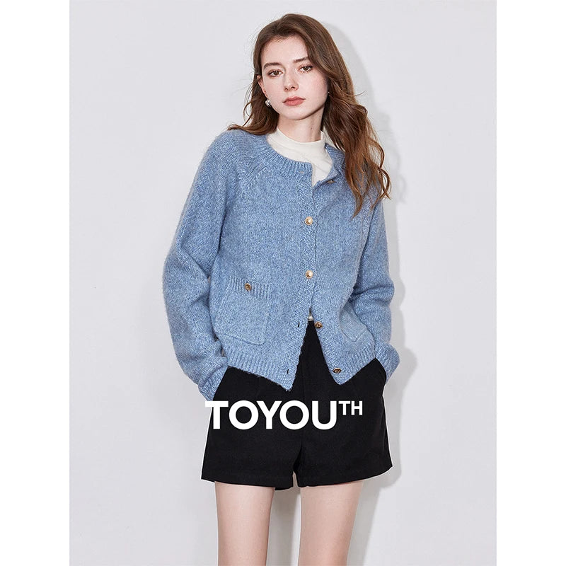 TOYOUTH Women Sweater 2024 Autumn Winter New Round Neck Single Breasted Button knitted Warm Wool Cardigan Coat