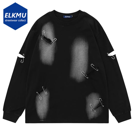 Fashion Ripped T Shirts Distressed Oversized Hip Hop T-shirts Men Long Sleeve Harajuku Y2K Punk Tshirt Top Cotton Tee