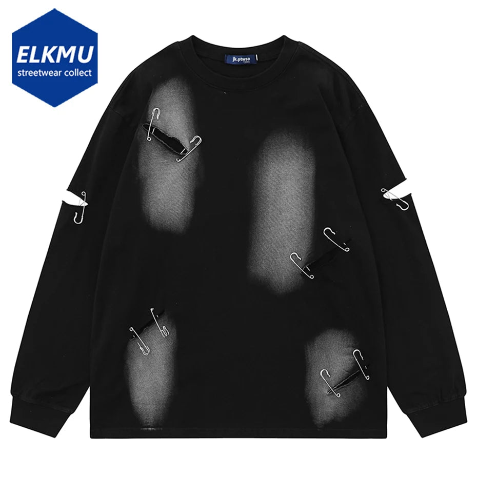 Fashion Ripped T Shirts Distressed Oversized Hip Hop T-shirts Men Long Sleeve Harajuku Y2K Punk Tshirt Top Cotton Tee