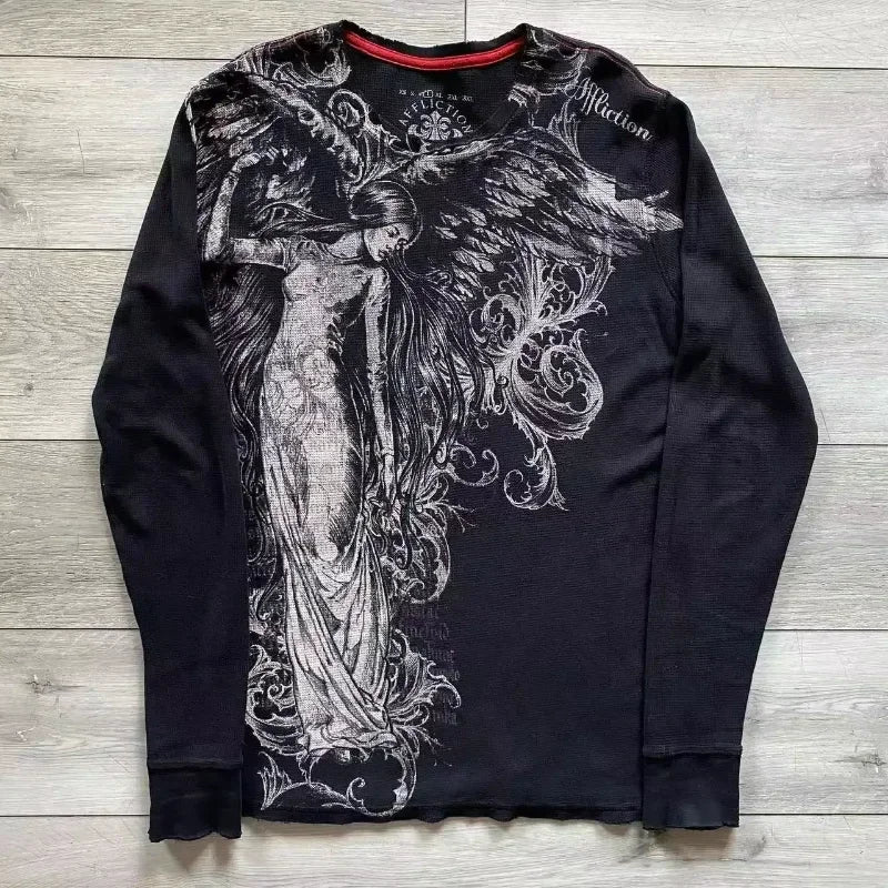 Affliction Long sleeved Tops New American Retro Washed Round Neck Fake Two piece Shirt Y2K Skull Print Trend Street Casual Shirt