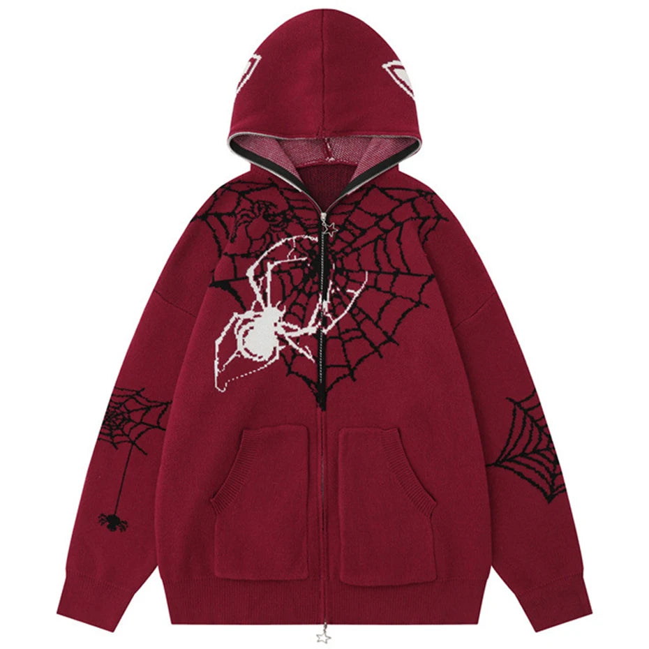 Men Hip Hop Sweater Spider Web Graphic Hooded Knit Sweaters Zipper Cardigan Streetwear Oversized Sweater Knitted Hoodie Jacket