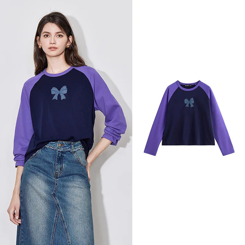 TOYOUTH Women T-shirt 2024 Autumn New Denim Bow Contrasting Color Raglan Sleeve Pullover Casual Tops