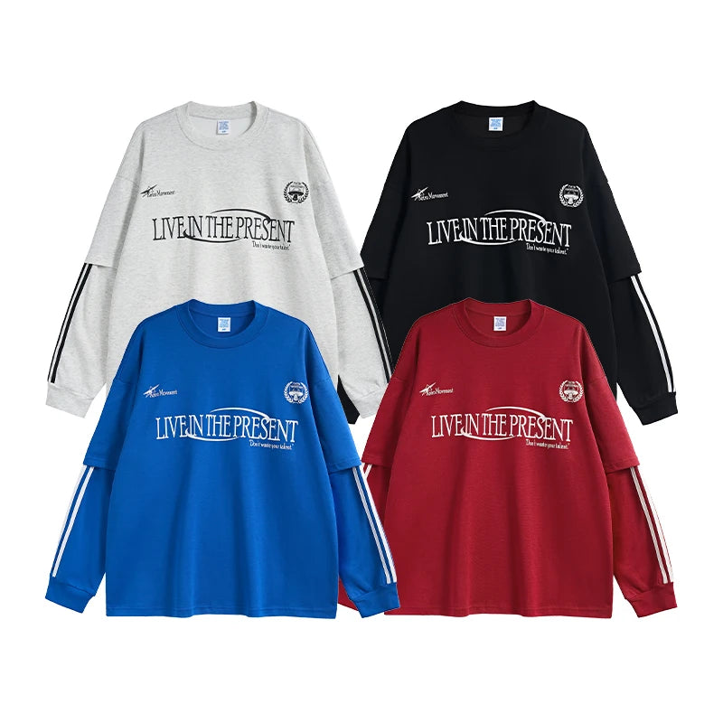 INFLATION Retro Double Layer Tshirts Men Streetwear Hip Hop Oversized Long Sleeve Tees Sportswear