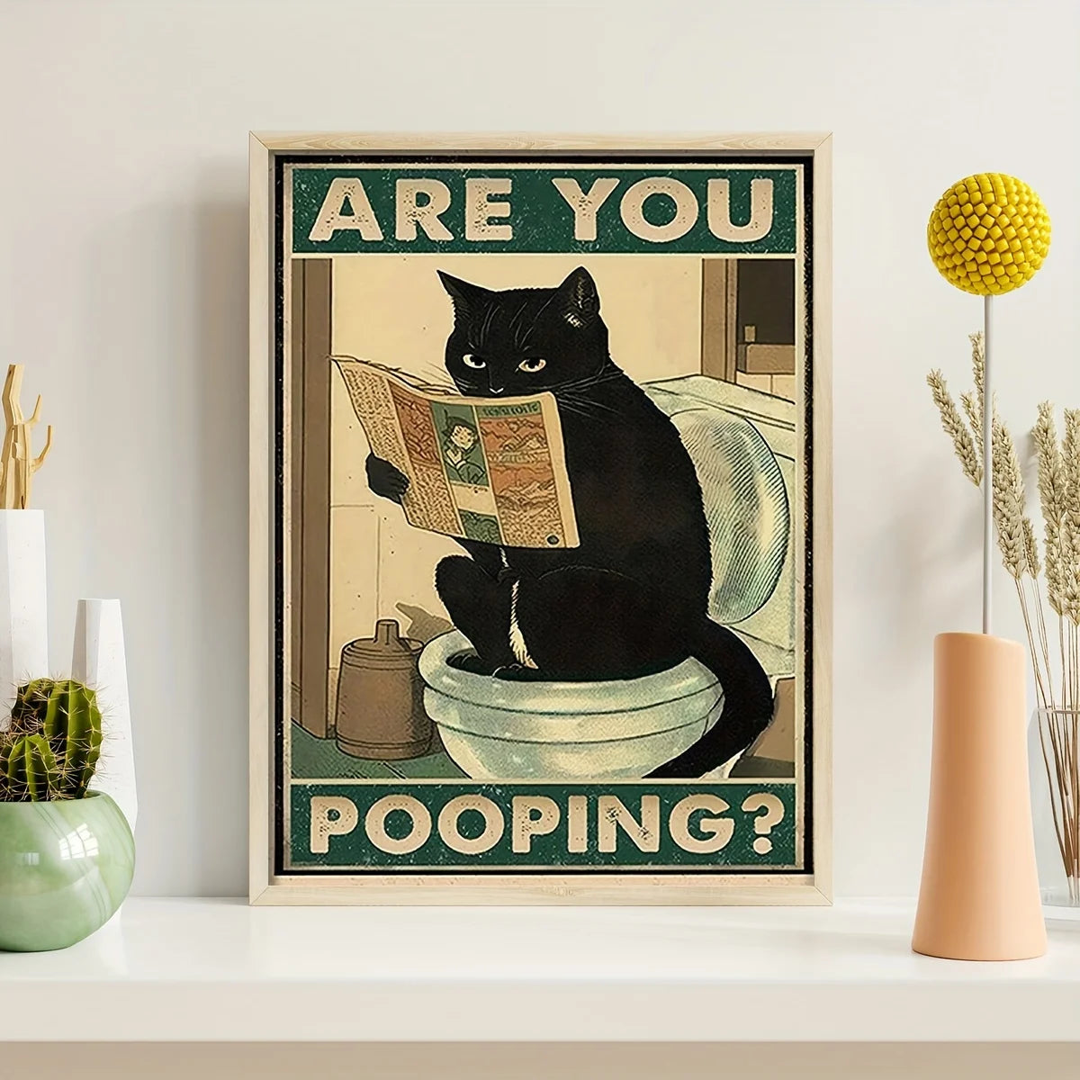 Art quote you are pooping black cat kitten reading newspaper in toilet funny animal poster retro art living room decoration