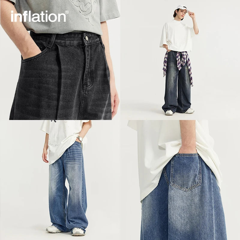 INFLATION High Street Wide Leg Jeans Men Washed Baggy  Denim Trousers