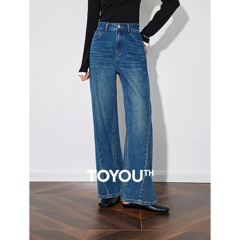 TOYOUTH Women Denim Jeans 2024 Autumn Winter New Cowboy Design Fashionable Mid Waist Straight Wide Leg Long Pants