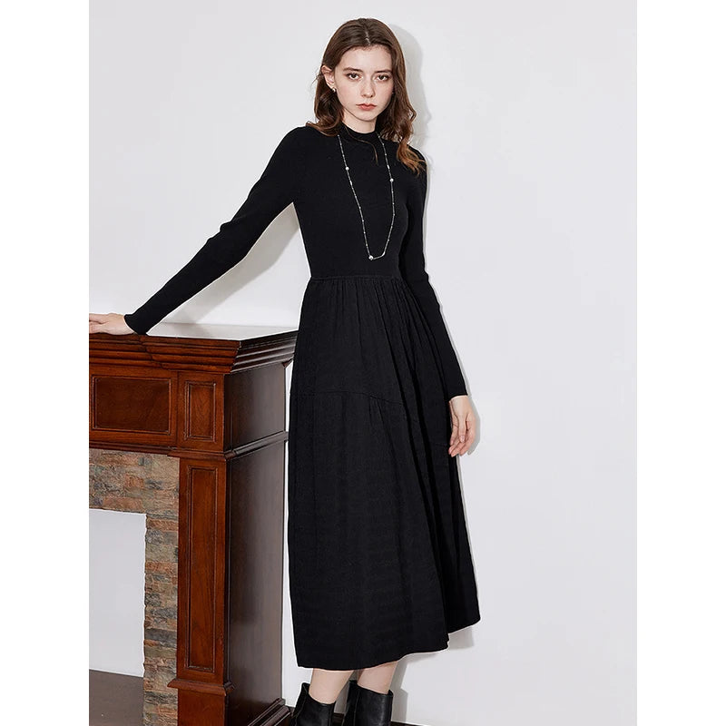 TOYOUTH Women Dress 2024 Autumn Winter New Turtleneck Collar Splicing Mid Length Slim Fit Warm Black Dress