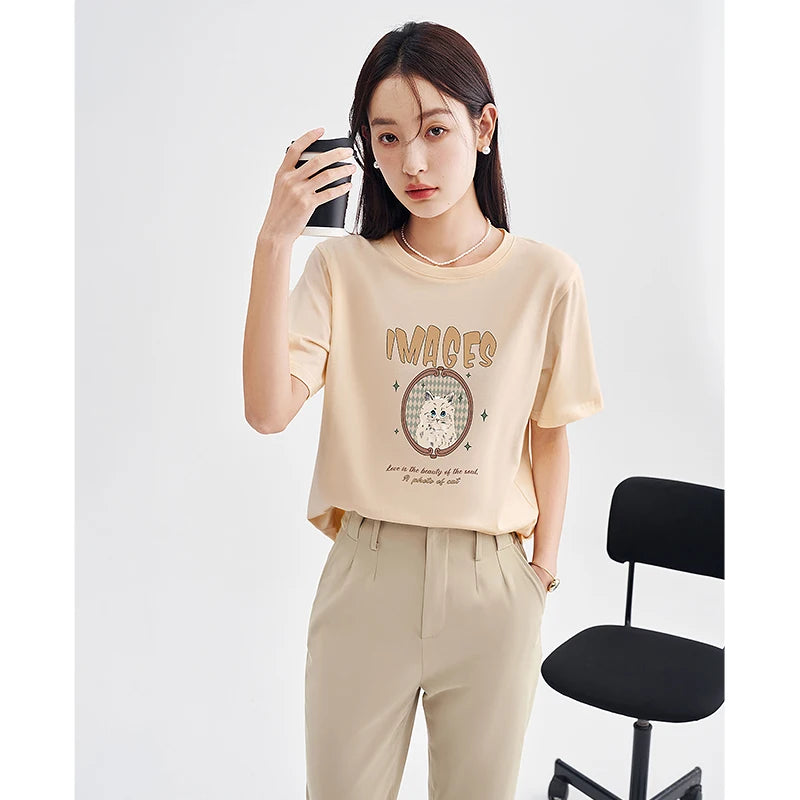 Toyouth Women T-shirt 2023 Spring Short Sleeve O Neck Loose Tees Cute Graphic Print Four Colors Pure Cotton Comfort Casual Tops