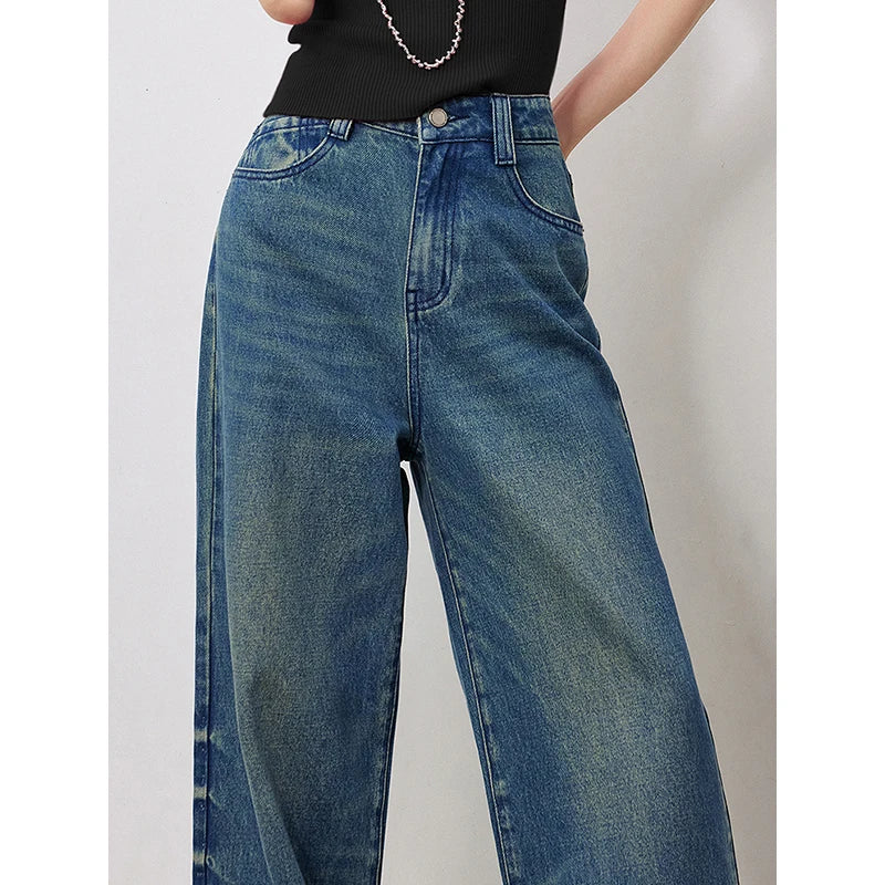 TOYOUTH Women Denim Jeans 2024 Autumn New Yapi Street Wear Stone Wash Wide Leg Straight Fashion Long Pants