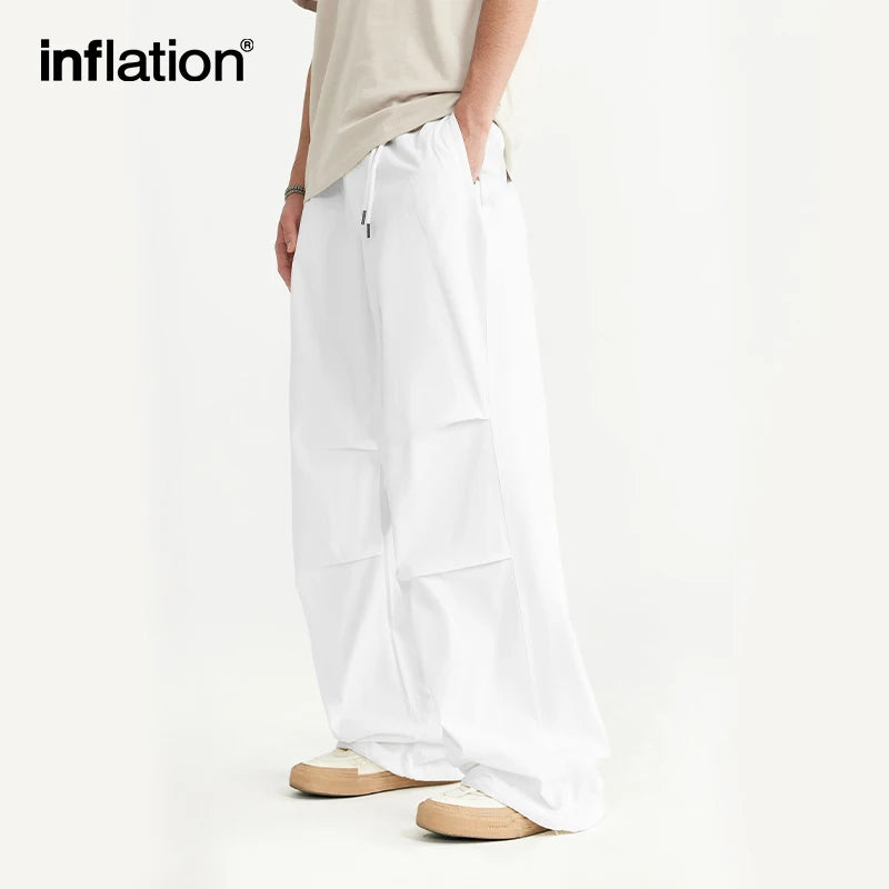 INFLATION Baggy Parachute Pants Streetwear Mens Elastic Waist Washed Cargo Pants Male 100% Cotton Trousers