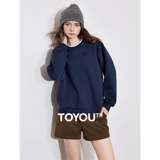 TOYOUTH Women Fleece Hoodies Sweatshirt 2024 Autumn and Winter New Lace Round Neck Pullover Tops