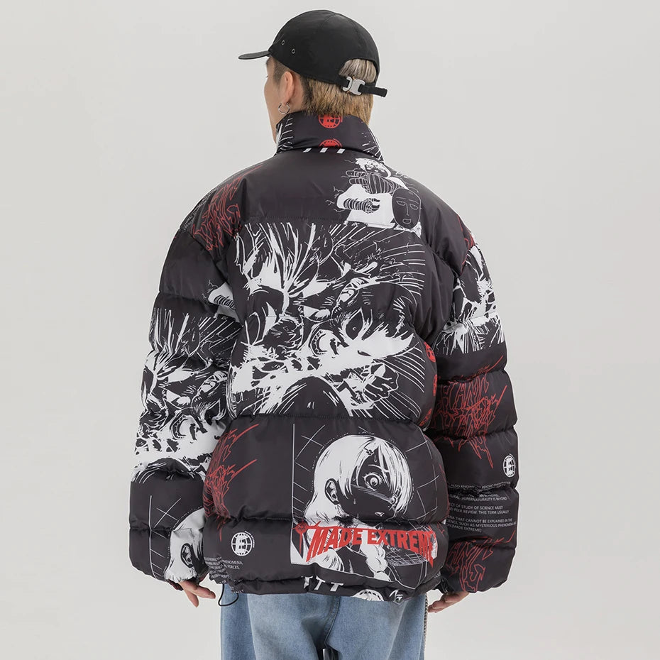 Streetwear Anime Printed Jacket Men Hip Hop Winter Parkas Coat Black Loose Puffer Padded Jackets  Y2K Oversized Bubble Coats Man