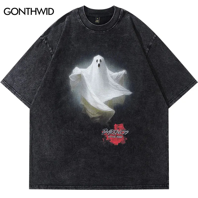 Vintage Streetwear T-Shirt Hip Hop Ghost Devil Graphic Print Punk Gothic Tshirt 2023 Harajuku Fashion Washed Oversized Tee Tops